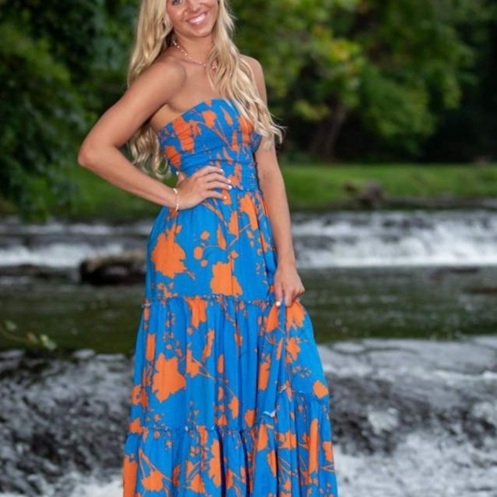 Anthropologie Elegant Strapless Blue and Orange Dress